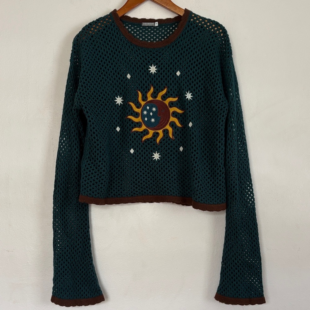 EARTHBOUND Teal Open-Knit Sun & Moon Embroidered Sweater